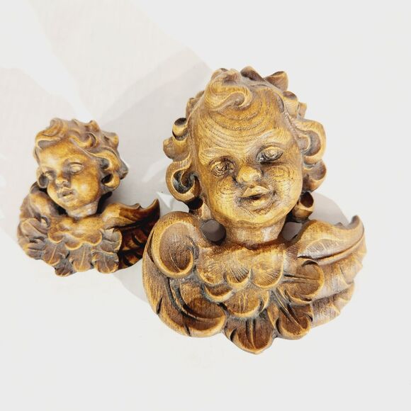 Syroco Wood Angel Cherub Wall Hanging 6in 3.5in Lot of 2 MCM Vtg Detailed Brown - Picture 1 of 8